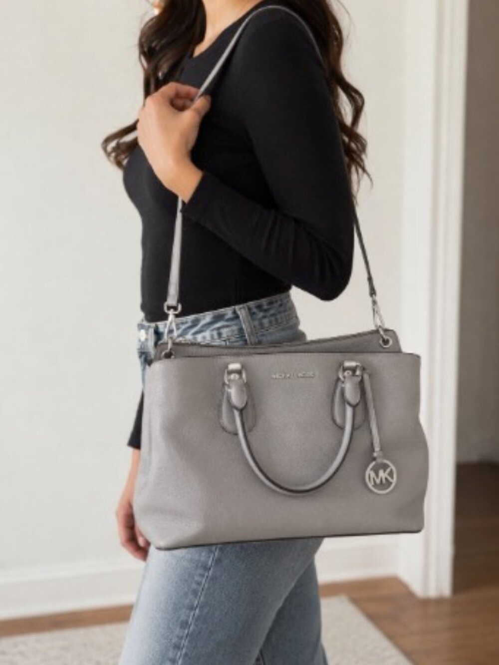 MK MICHAEL KORS Savannah Large Saffiano Leather Satchel. Pearl Grey 14"x 10"x 6"